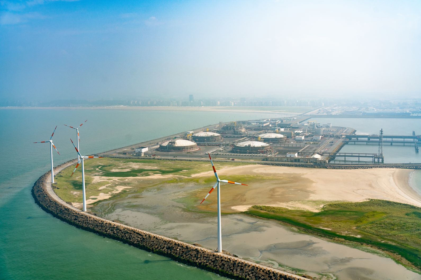 Aerial view of the Zeebrugge LNG terminal.